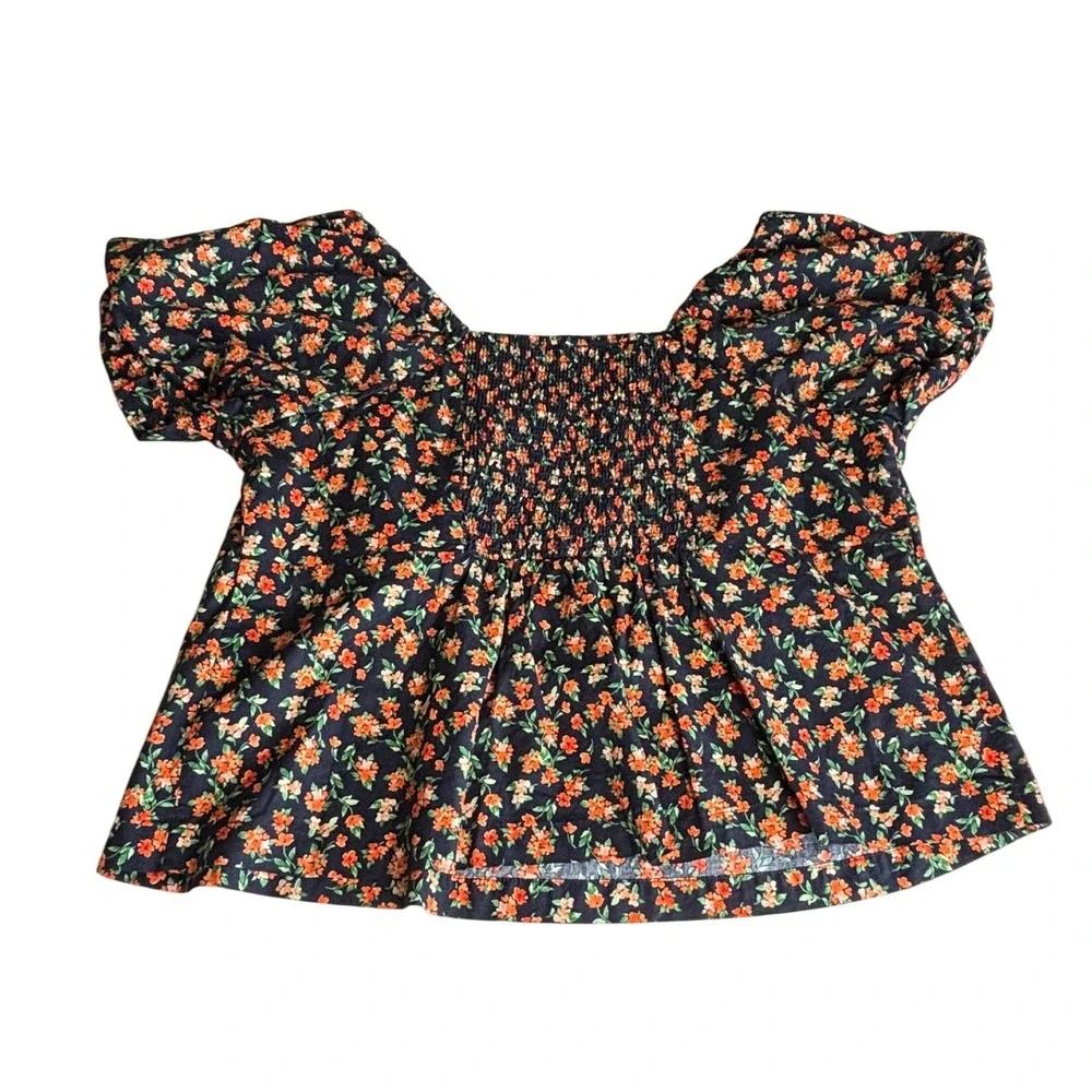Old Navy Womens 2X Floral‎ Smocked Puff Sleeve Peplum Top Navy Cottagecore